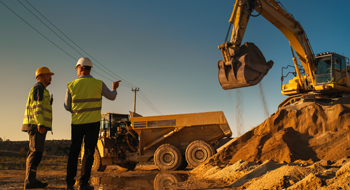 construction workers discussing project plans at a busy worksite